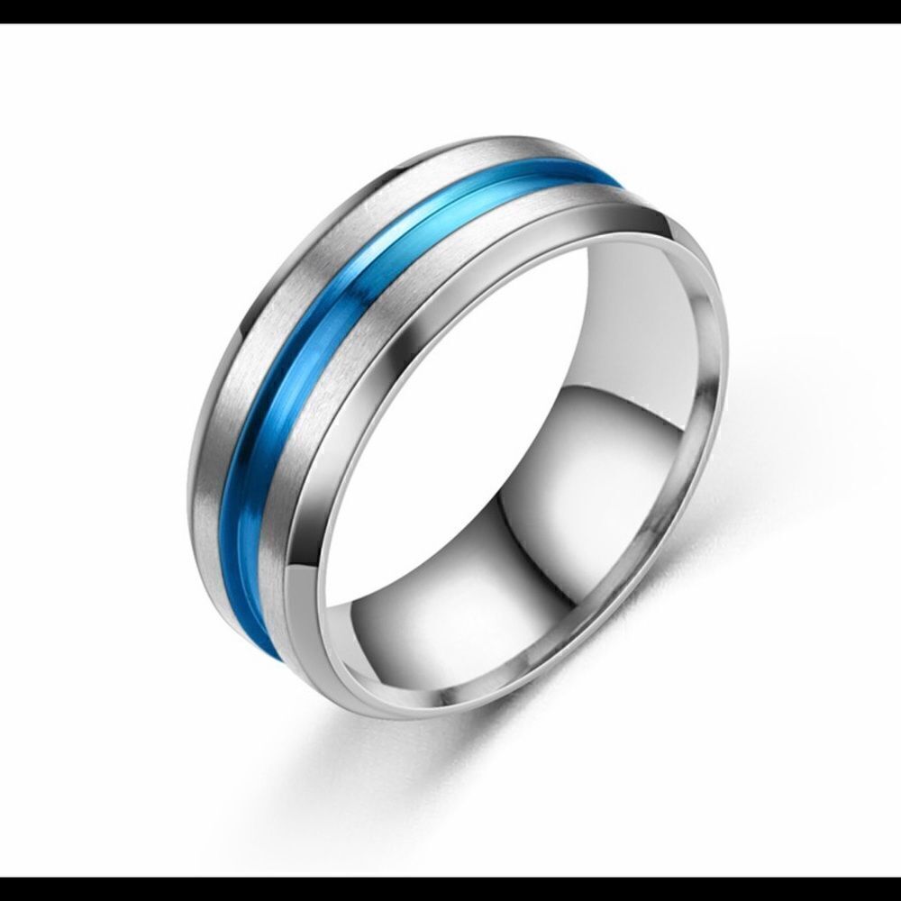 Wedding Band, Size 7 Titanium Ring w/Blue Stripe